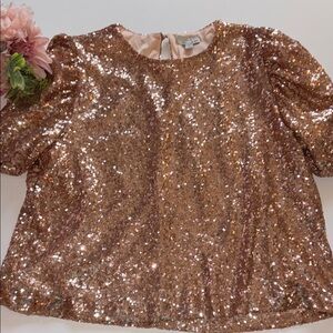 ALLISON JOY Rose Gold Adele Sequin Puff Sleeve Tee Size Large Pink Sequins Top